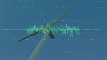 Poster - Wind turbine projecting green data overlays against sky, featuring animated illustration style