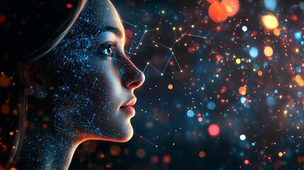 Poster - stunning digital art profile woman face glowing particles abstract network connections futuristic te