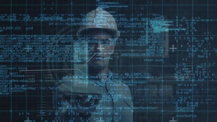 Poster - man in hoodie and glasses facing camera, with holographic code grids showing cybersecurity network