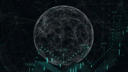 Poster - 3D network sphere floating in dark interface, displaying neon green data labels, candlestick charts