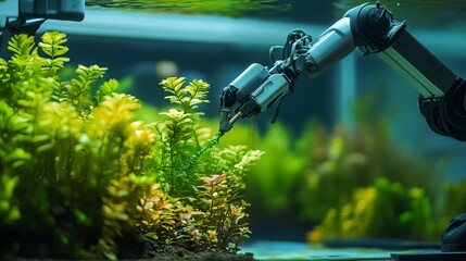 Poster - Robotic Arm Precisely Fertilizing Aquatic Plants Underwater High Tech Automated Gardening System Futuristic Technology Innovative Agriculture Green Technology Advanced Botany eco  