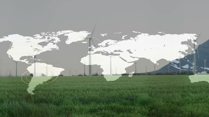 Poster - Wind turbine showing global data points overlaying green grass field in animated illustration