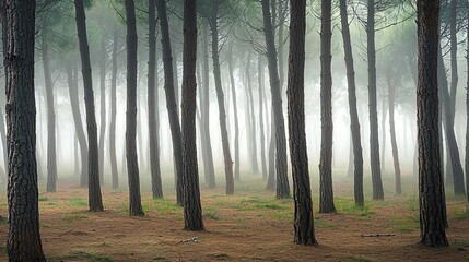 Poster - Enchanting foggy morning in pine forest with lush green trees and grass creating a mysterious and serene natural landscape