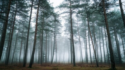 Poster - Enigmatic foggy morning in pine forest with dense mist surrounding majestic trees creating a serene and mysterious natural landscape