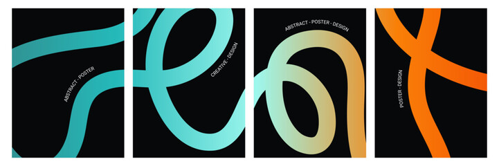 Aufkleber - Abstract gradient line poster design on black background. Vector color line shape, linear waves vector art, modern designs. Flowing gradient lines in teal and orange. Minimalist cover, banner template