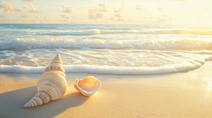 Poster - Serene beach setting featuring a beautiful seashell resting on soft sand with gentle waves lapping nearby