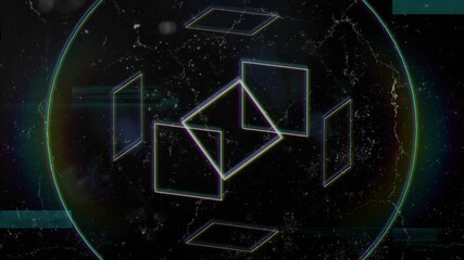 Poster - Neon-outlined pattern animating in abstract space showing hexagons, square, circle, neon arcs