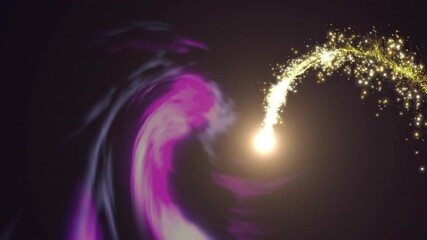 Poster - Glowing yellow orb sending golden sparkles over dark cosmic nebula clouds in 3D render