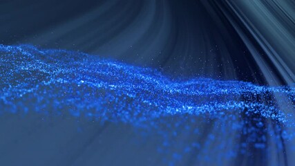 Poster - Bright blue glowing particle wave flowing through dark digital space, 3D render animation
