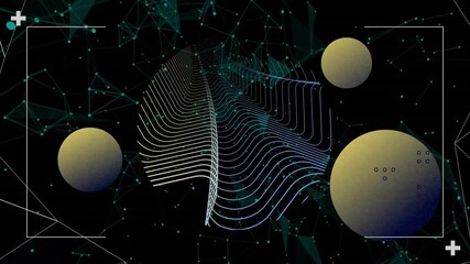 Poster - Undulating striped wireframe showing on black canvas, floating gradient spheres linking teal nodes