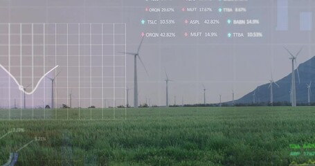 Poster - White wind turbines rising over green farmland, projecting holographic grid lines and stock data