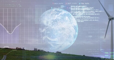Poster - Holographic Earth globe spinning beside turbine, displaying grid chart, code, stock ticker arrows