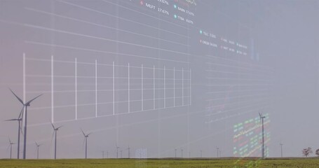 Poster - Wind turbines being animated across grassy plain, showing ghosted financial charts, tickers