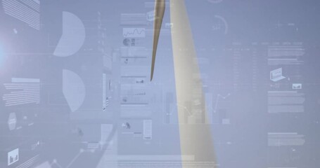 Poster - Wind turbine featuring rotating blades reaching upward, displaying translucent charts across sky