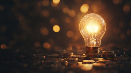 Poster - Sparkling Light Bulb Surrounded by Glimmering Coins and Soft Bokeh Effects