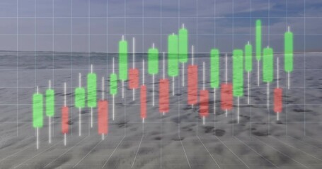 Poster - 3D financial candlestick chart floating above ocean scene, displaying green and red bars on grid