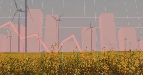Poster - Canola field merging with pink bars and jagged red line as wind turbines rising over grid