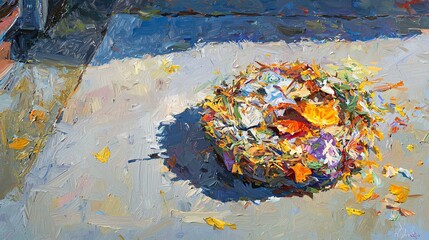 Poster - A colorful painting depicting a ball of flowers created with recycled materials to promote eco-friendly art and celebrate nature’s beauty