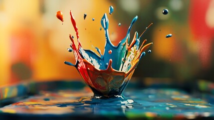 Poster - A dynamic scene of paint splashing on a table capturing colorful chaos in an abstract representation of artistic expression and movement