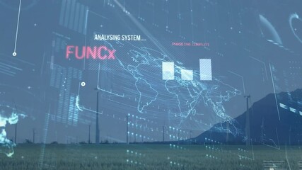 Poster - Wind turbines spinning across grassy plain, flat design HUD overlay showing world map data charts