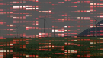 Poster - Wind turbines being visualized over grassy farmland under glitched sky, with digital glitch bars
