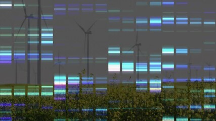 Poster - Wind turbines rotating over yellow flowering field, glitch art overlay creating blue cyan grid