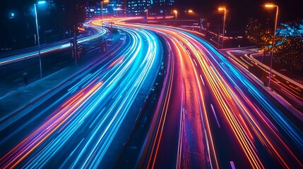 Poster - Captivating highway scene featuring light trails from vehicles creating a dynamic neon atmosphere of motion and energy at night