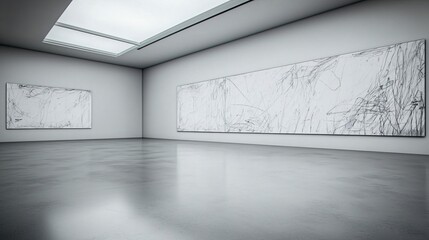 Poster - A white room featuring two large paintings with abstract minimalist line drawings on canvas creating a calming and artistic space