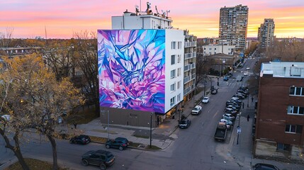 Poster - Colorful urban mural displaying a vibrant composition with abstract features that energizes the building facade in a contemporary urban landscape