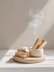 Aufkleber - Mindful Ritual Essentials Minimalist Palo Santo Wellness Scene with Ethereal Smoke - Contemporary Spiritual Self-Care Visual for Holistic Lifestyle Branding