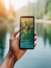 Fototapete - Immersive Digital Finance Meets Nature Eco-Conscious Trading Visualization on Smartphone with Candlestick Overlay - Sustainable Investment Technology for Modern Professionals