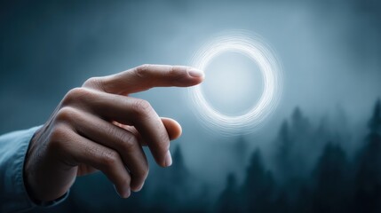 Fototapete - Precision Targeting in Digital Innovation Minimalist Futuristic Hand Interaction with Luminescent Holographic Interface for Strategic Business Targeting