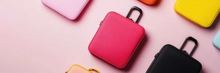Poster - Minimalist Travel Essentials Vibrant Pop Color Luggage Tags in Sleek Modern Design - Digital Nomad Lifestyle Branding and Personal Organization