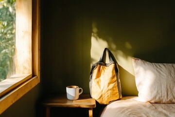 Poster - Mindful Solo Travel Minimalism Serene Eco-Friendly Bedroom Retreat with Soft Morning Light - Sustainable Wellness Lifestyle Content