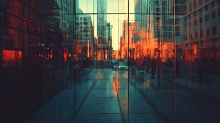 Poster - A busy city street captured in an urban setting featuring tall buildings and abstract reflections on glass surfaces for modern aesthetic