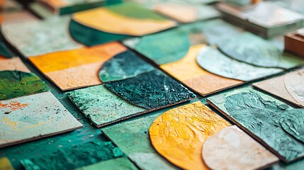 Poster - Vibrant mosaic created from recycled materials featuring abstract shapes and rich textures in an eco-friendly artistic display