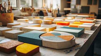 Poster - Colorful array of different colored boxes arranged on a table exhibiting abstract shapes and eco-friendly design with creative flair