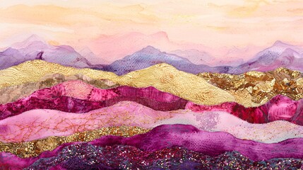 Poster - Stunning abstract painting of mountains with layered fabrics and textures showcasing nature's majestic beauty in rich colors