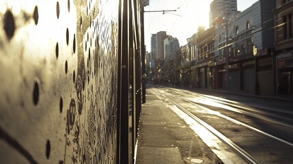 Poster - A city street scene captured with a train passing by under bright urban art creating a lively atmosphere of movement and energy