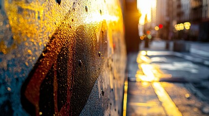 Poster - A captivating view of a bustling city street featuring urban art and bright colors creating a dynamic atmosphere of city life and energy