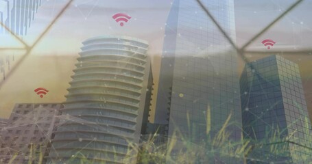 Poster - Curved tower dominating skyline, glass towers glowing, mesh linking red WiFi icons, grass swaying