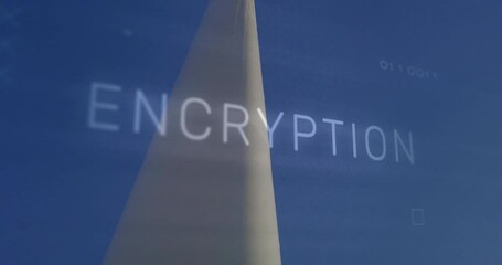 Poster - Triangular monolith rising in stylized sky, featuring floating binary code and encryption text