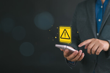 Fototapete - System hacked warning alert, Businessman using smartphone with cyberattack network, virus, spyware, scam or Malicious software. Cybersecurity and cybercrime. Compromised information internet.