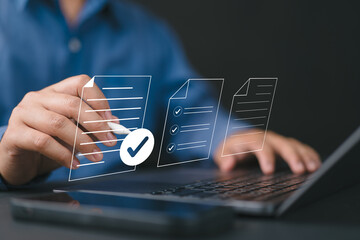 Fototapete - Businessman with a Document Management System (DMS). Streamline online docs, enhance file control & workflow efficiency with e documents.