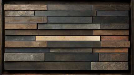 Poster - A wall made of wood and stone with a white line in the middle. The wall is made of many different sized pieces of wood and stone