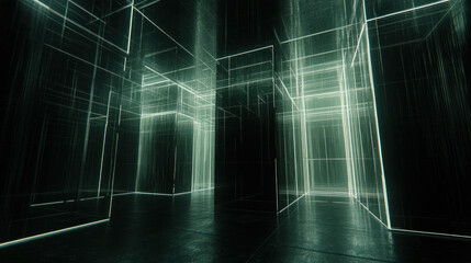 Poster - A large, empty room with a lot of glass walls. The room is dark and the walls are covered in glass