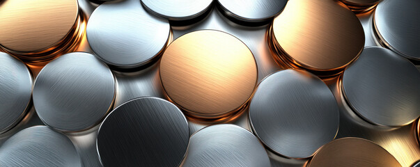 Poster - A close up of shiny silver and gold coins. The coins are arranged in a circle and are of various sizes. Concept of luxury and wealth, as the shiny metal coins are a symbol of prosperity and abundance