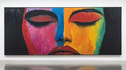 Poster - Vivid abstract expressionist portrait of a woman's face painted in bright colors with bold contrasts and artistic flourishes for impact