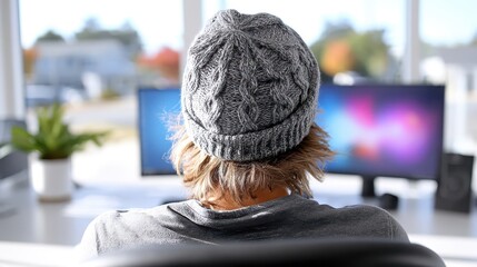 Poster - Rear view of person working at a desk in a home office.