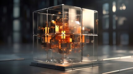Aufkleber - ガラスキューブ内に浮かぶ黄金のオブジェクト 抽象的な未来的なデザインとメタリックテクスチャの表現